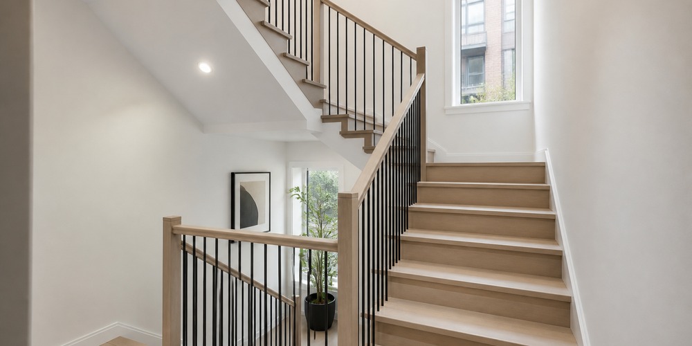 L-shaped wood staircase with black spindles and a wood handrail, turning at a landing.